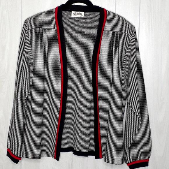 St. John by Marie Gray Cardigan Striped Black & White Red Trim Size 14 Vintage - Picture 1 of 7